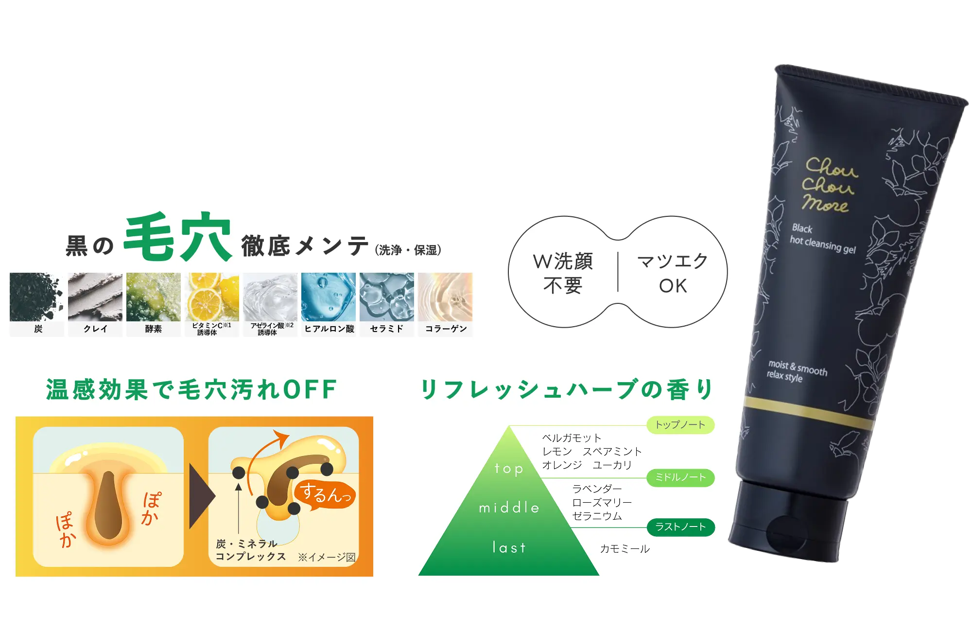 とにかく毛穴が気になる方に ツルすべすっぴん美肌｜ホットクレンジングジェル＜ブラック＞ リフレッシュハーブの香り
